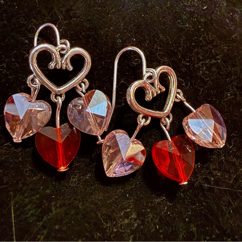 Romantic Triple Heart Crystal Earrings in Red and Pink